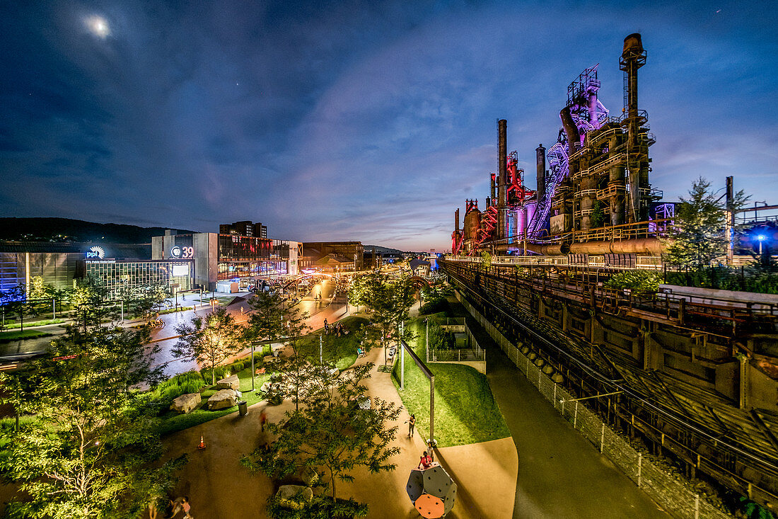 Pennsylvania, United States of America - July 3, 2017: The SteelStacks campus by night. The campus used to be home plant of Bethlehem Steel, which is the second largest steel manufacturer in the states. Nowadays the campus is a gathering place for arts, culture, education and music.