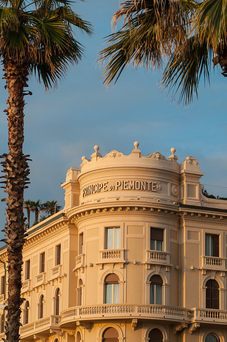Local typical modernist style along the safront promenade, the Passeggiata. Principe di Piemonte hotel