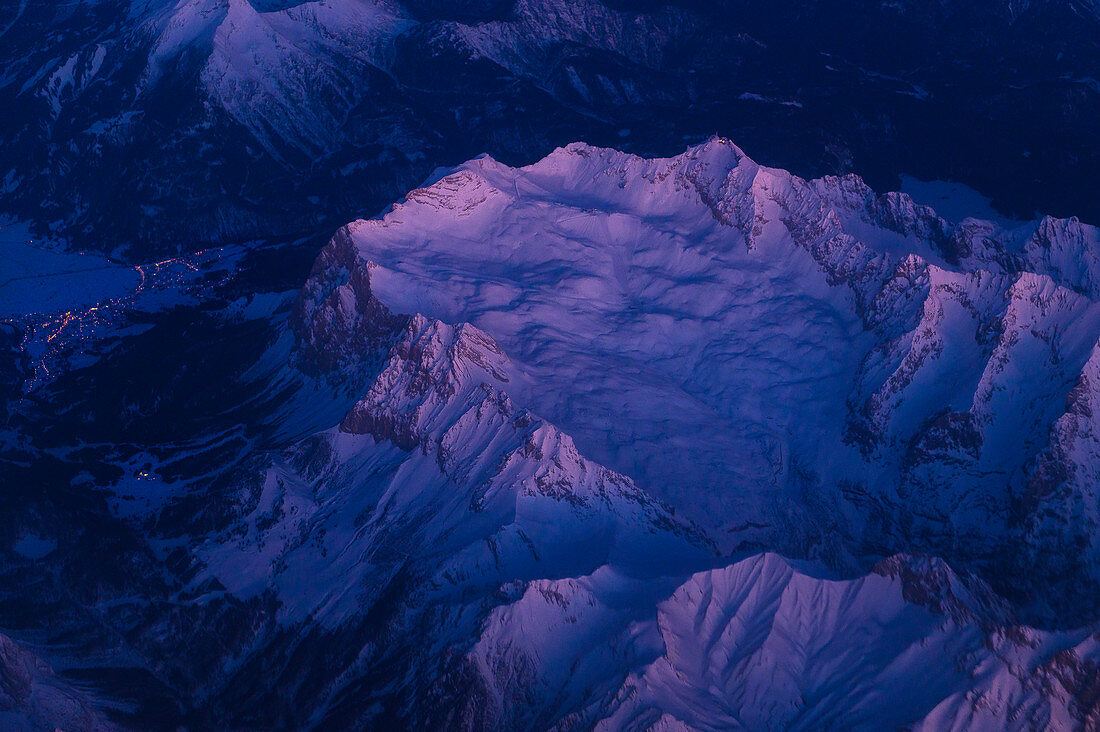 Zugspitze in first light, aerial view, Germany