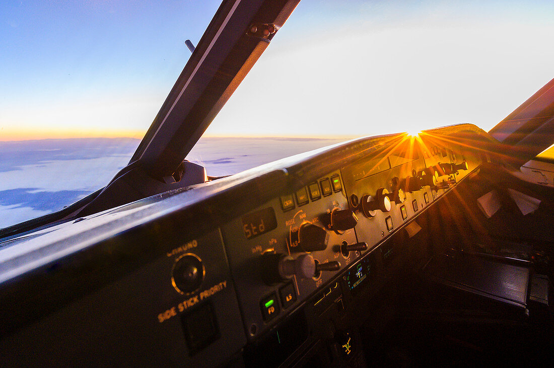 Sunrise in the cockpit of an Airbus