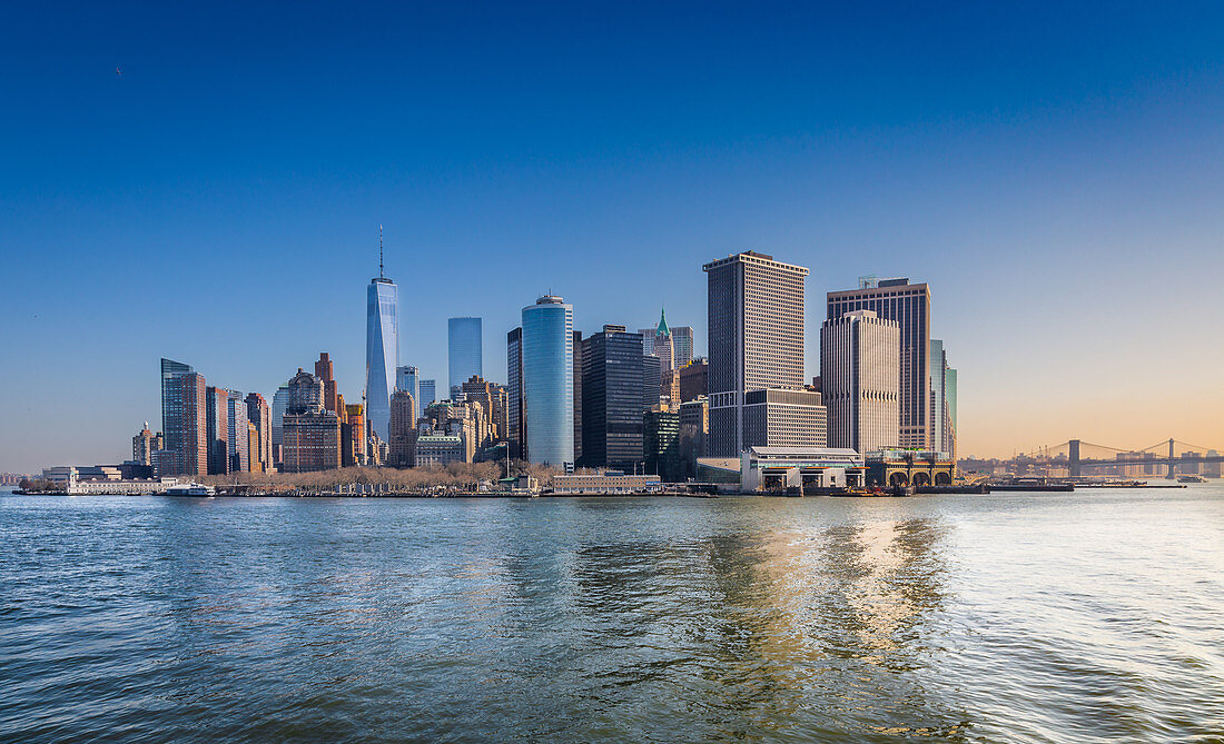 The Financial District with the One World Trade Center early in the morning, New York City, USA