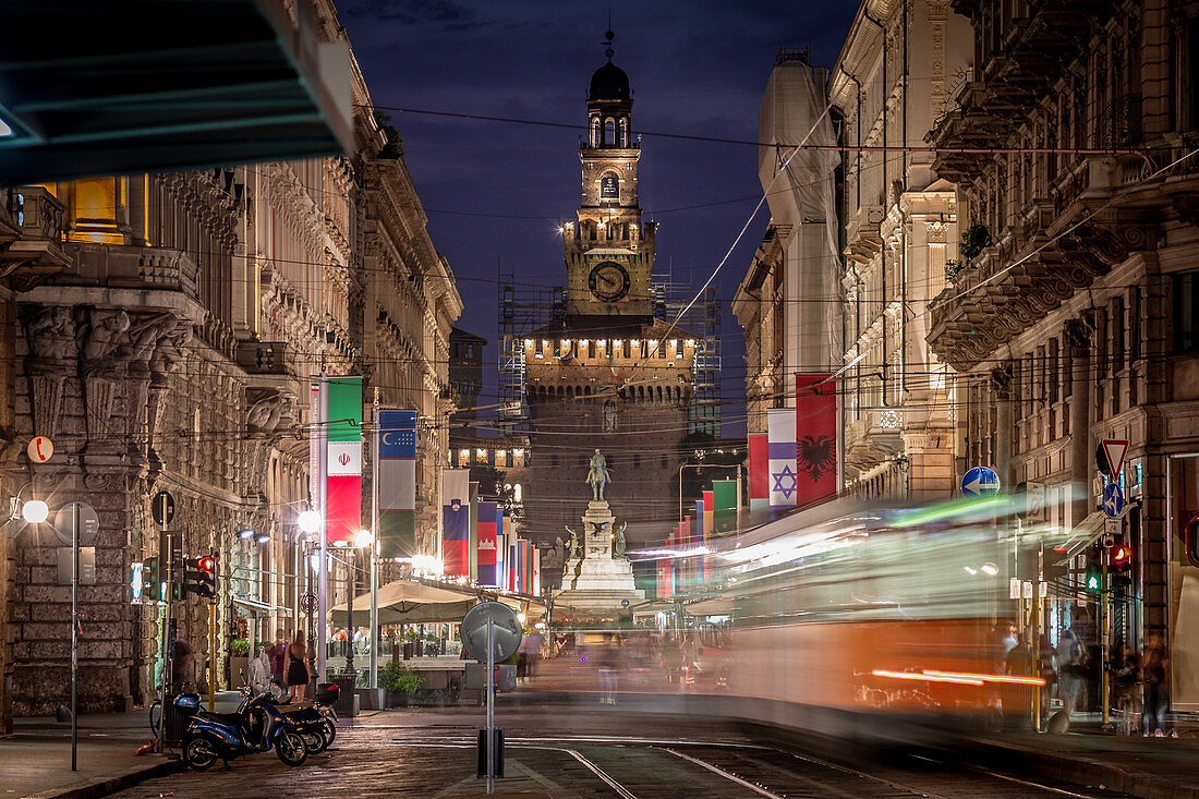 Nocturnal view of Castello Sforzesco, Milan, Italy