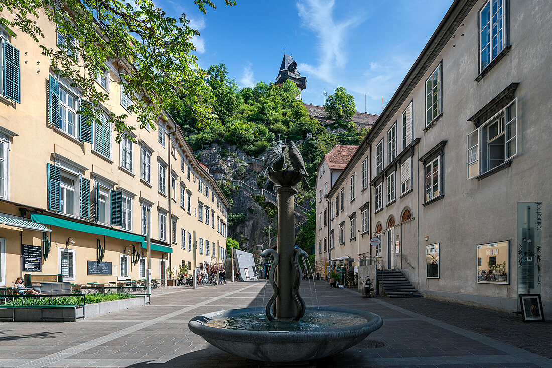 View from the Schlossbergplatz to the clock tower, Graz, Austria