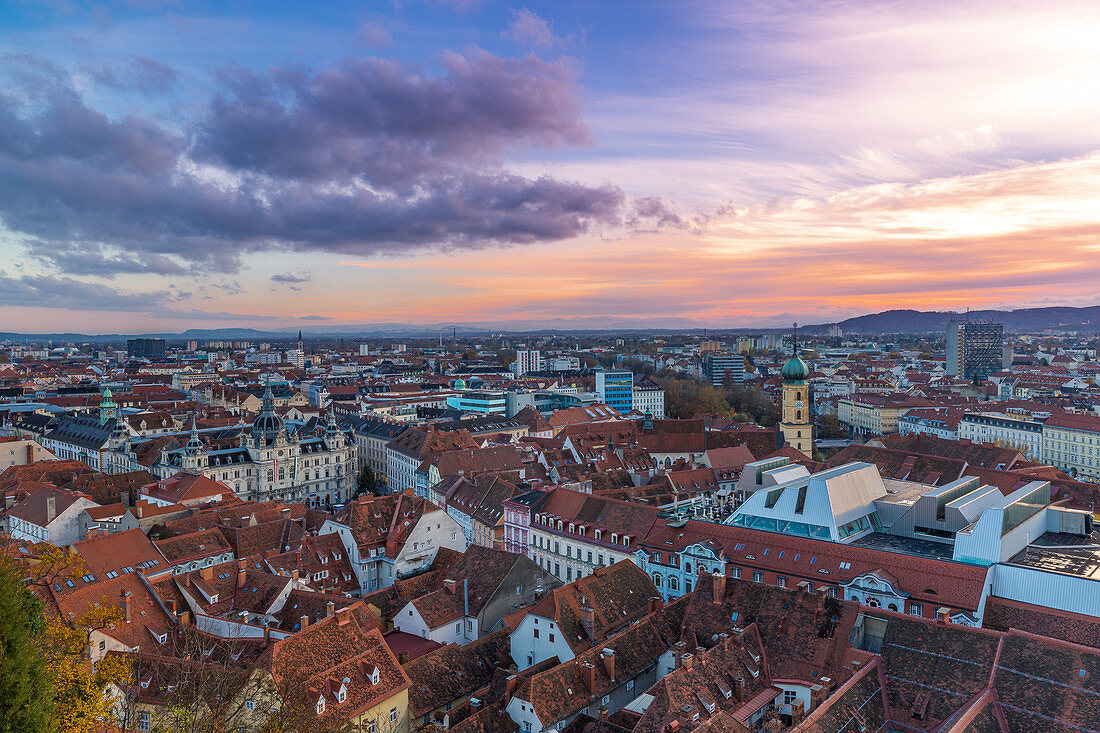 City view from Schlossberg to sunset, Graz, Austria