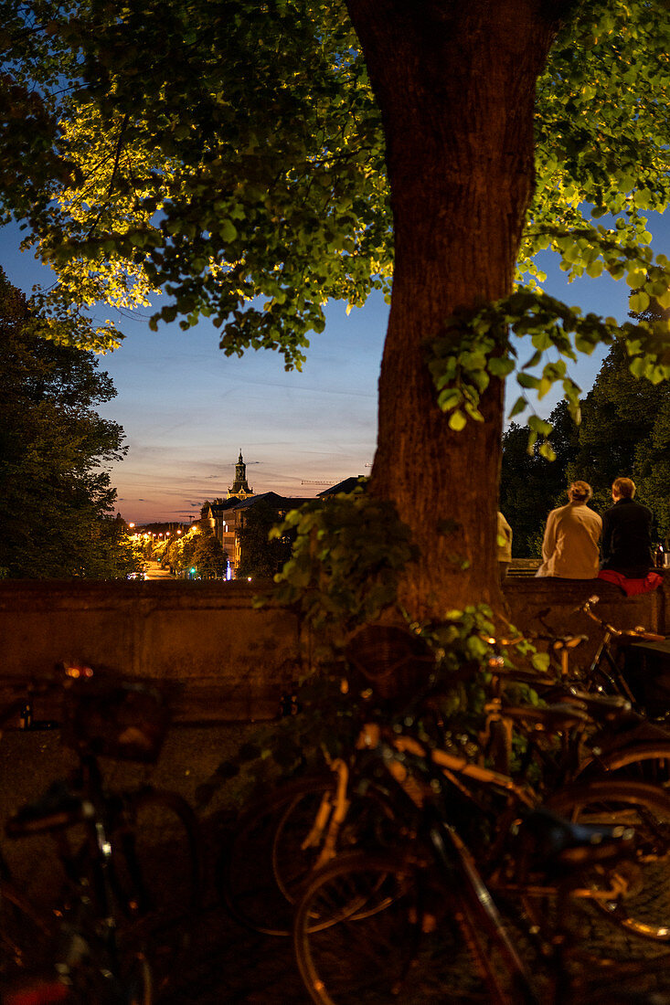 View from the Angel of Peace to the tower of the National Museum at blue hour, Munich, Bavaria, Germany,