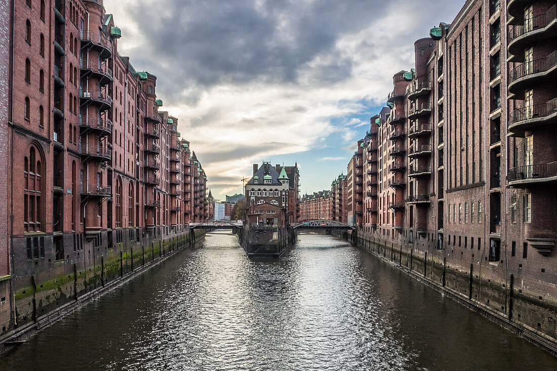 Moated castle in the Speicherstadt, Hamburg, Germany