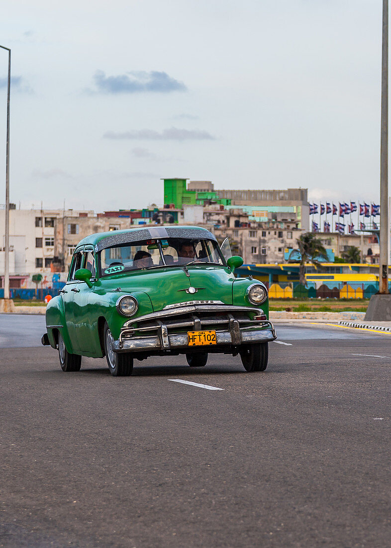 Vintage car drives along the Malecon, Havana, Cuba