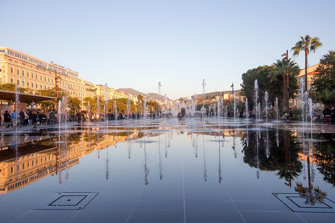 France, Alpes-Maritimes, Nice, the Promenade du Paillon, the reflecting pool of 3000 m2 and the fountains of the Place Massena