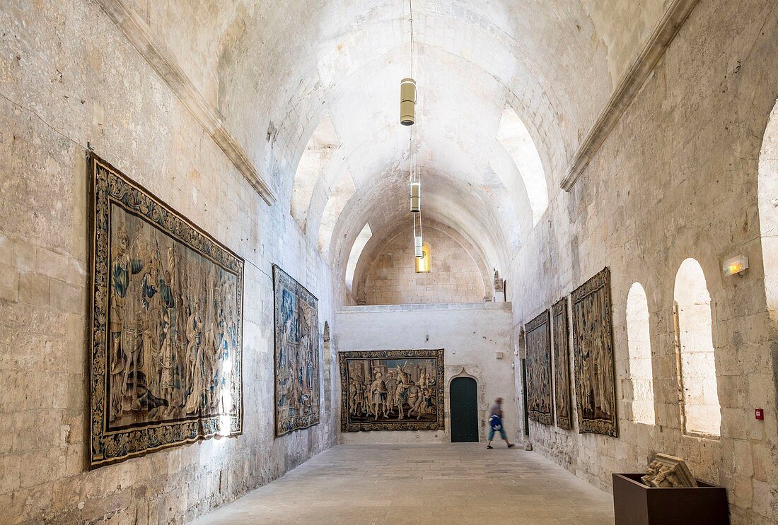 Frankreich, Bouches-du-Rhône, Arles, Saint Trophime-Kirche aus dem 12.-15. Jahrhundert, UNESCO Weltkulturerbe, Aubusson-Wandteppiche im Kreuzgang