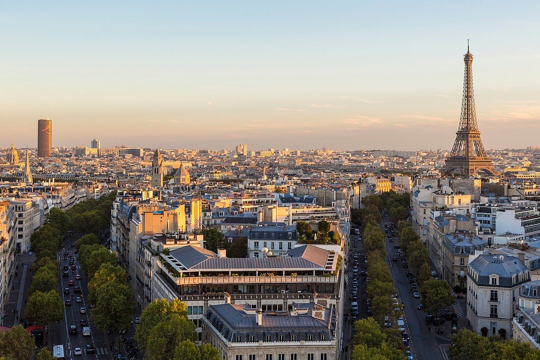 Frankreich, Paris, Panoramablick mit der Avenue d'Iena, die zum Eiffelturm führt