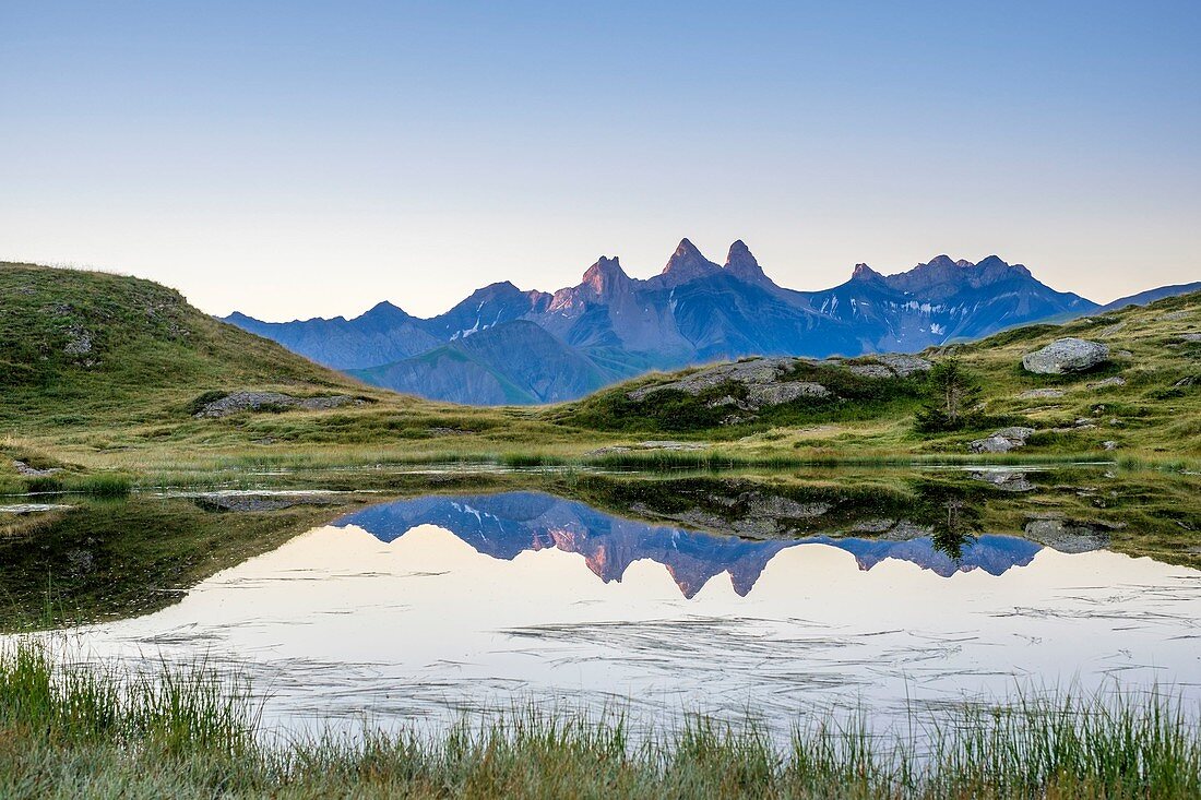 France, Savoie, Saint-Sorlin-d'Arves, Croix de Fer pass, Aiguilles d'Arves reflected in Potron lake (alt : 2050m)