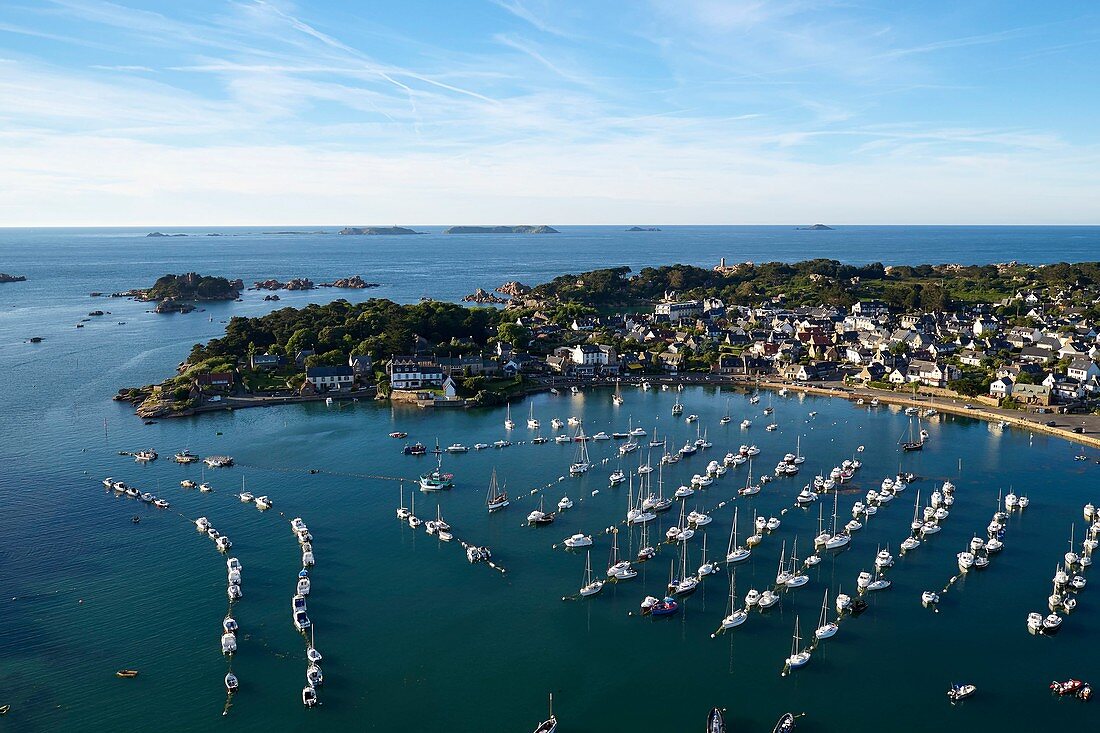 France, Côtes-d'Armor (22), Coast of granit rose, Perros-Guirec, Ploumanac'h, the harbour of Ploumanac'h (aerial view)