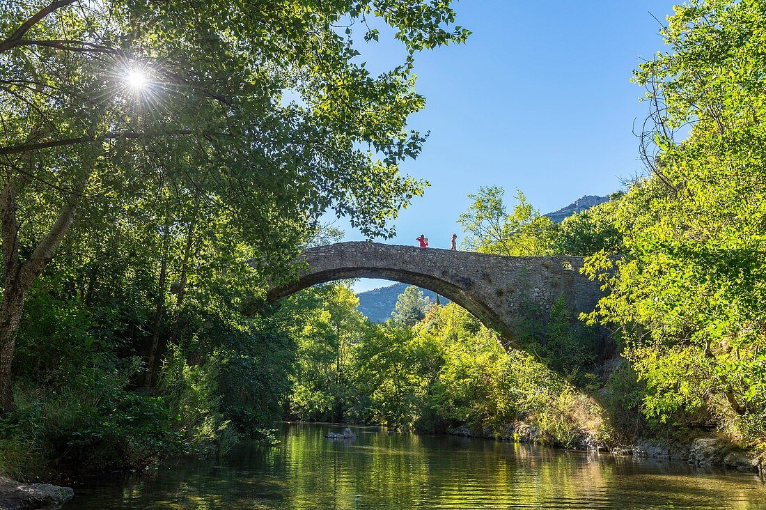 France, Gard, the Causses and the Cevennes, Mediterranean agro-pastoral Cultural Landscape listed as a UNESCO World Heritage site, Vis gorges, Saint-Maurice-Navacelles, Cirque de Navacelles, bridge over Vis river