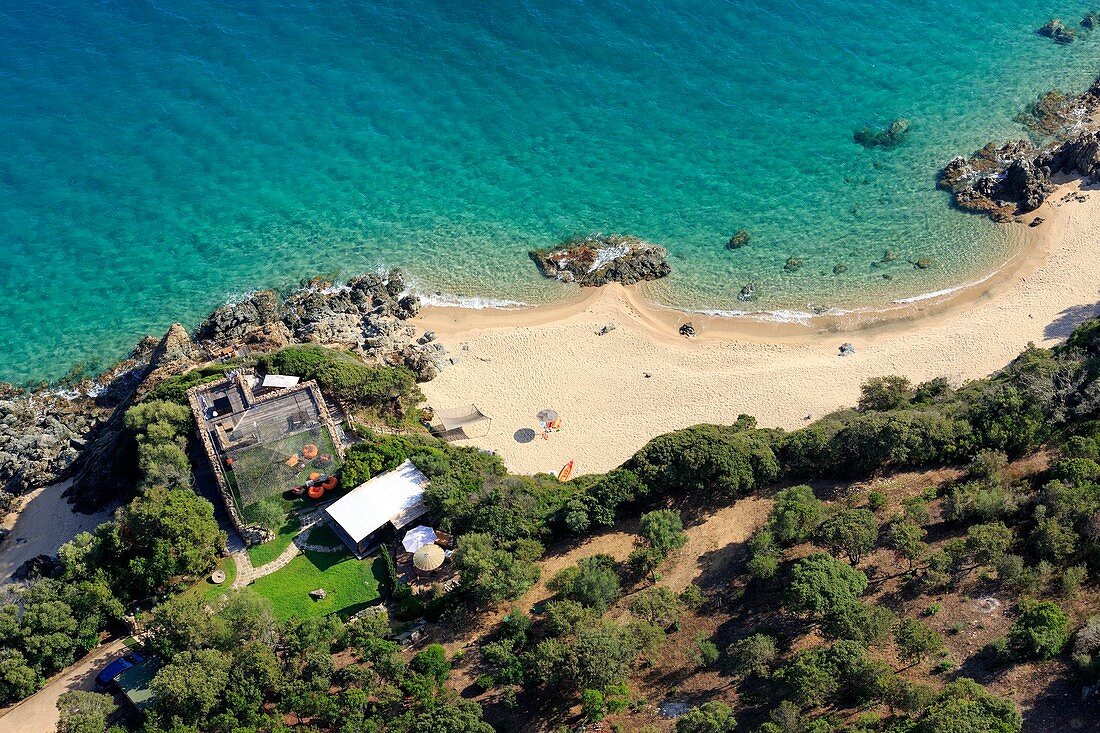 Frankreich, Corse-du-Sud, Golf von Propriano, Olmeto, rund um den Strand von Marinca (Luftaufnahme)