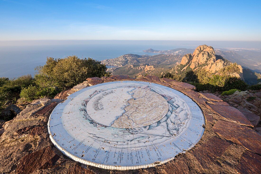 France, Var, Saint Raphael's common Agay, massif of Esterel, viewpoint indicator at the top of the Cap Roux, behind the summit of Saint Pilon peaks (442m), the coast of the Corniche of Esterel, Antheor and the Cape of Dramont