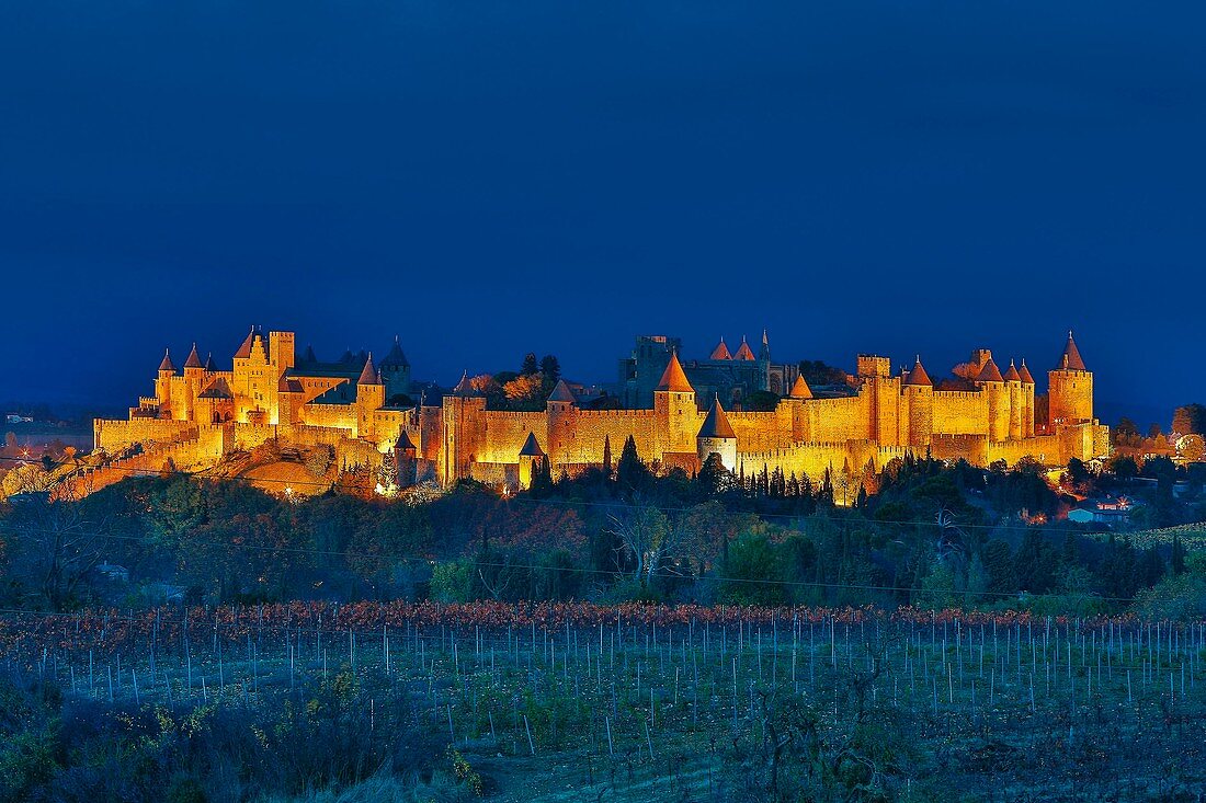 France, Aude, Carcassonne, Medieval city of Carcassonne, lighting of the famous city