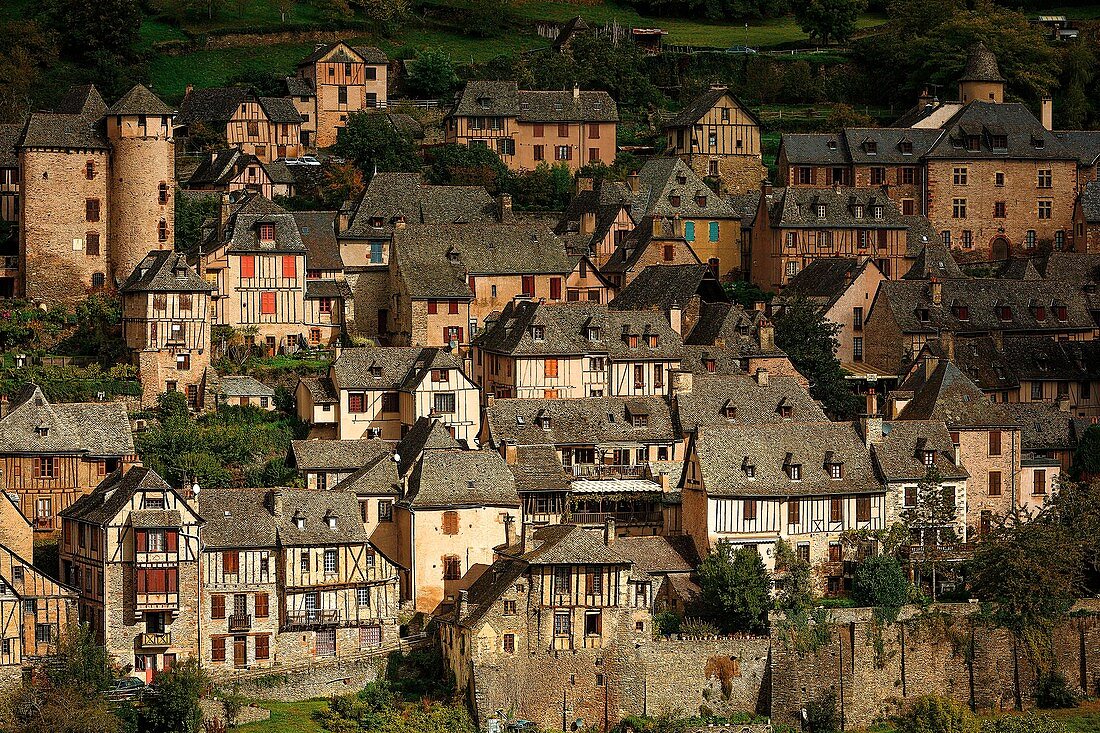 France, Aveyron, listed at Great Tourist Sites in Midi Pyrenees, Conques, listed as The most beautiful villages in France, General view of the village at sunset