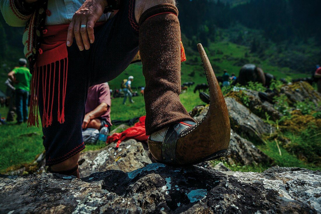 France, Ariege, Ayet en Bethmale, Campuls, feast of transhumance of herds in the mountains at the beginning of summer, couserans folk traditional clogs