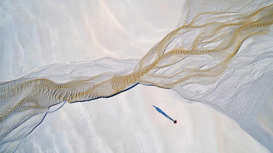 France, Finistere, Tregunc, traces on the sand of a stream throwing itself at sea on the beach of Dourveil (aerial view)