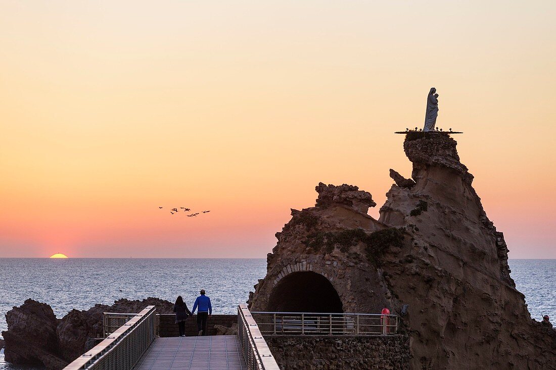 France, Pyrenees Atlantiques, Biarritz, Rocher de la Vierge at sunset