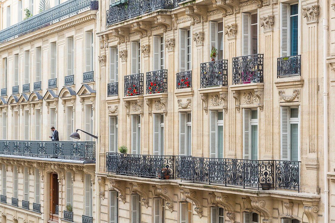 France, Paris, district of Europe, Rue de Madrid, facades of Haussmann buildings