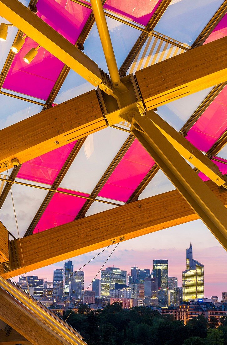 France, Paris, Bois de Boulogne, Acclimatization Garden, Mahatma Gandhi Avenue, Louis Vuitton foundation, designed by Frank Gehry (inaugurated in 2014) with a colorful installation by Daniel Buren From the terraces in La Defense