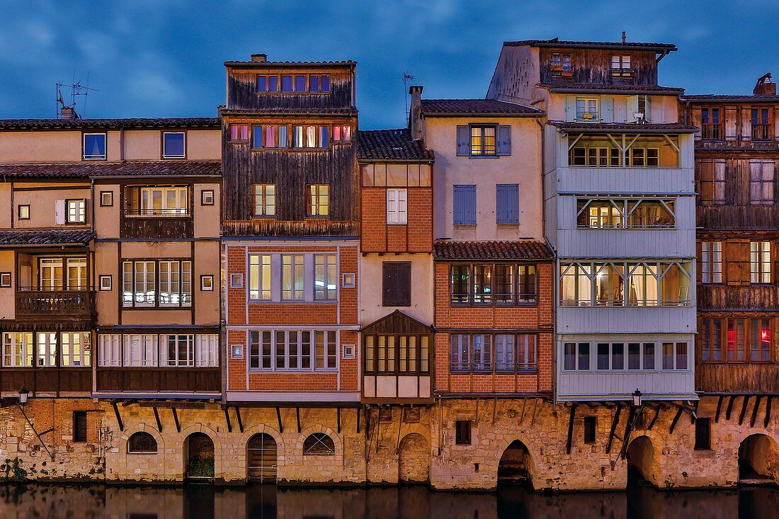 France, Tarn, Castres, view of the facades of houses on the banks of the river Agout
