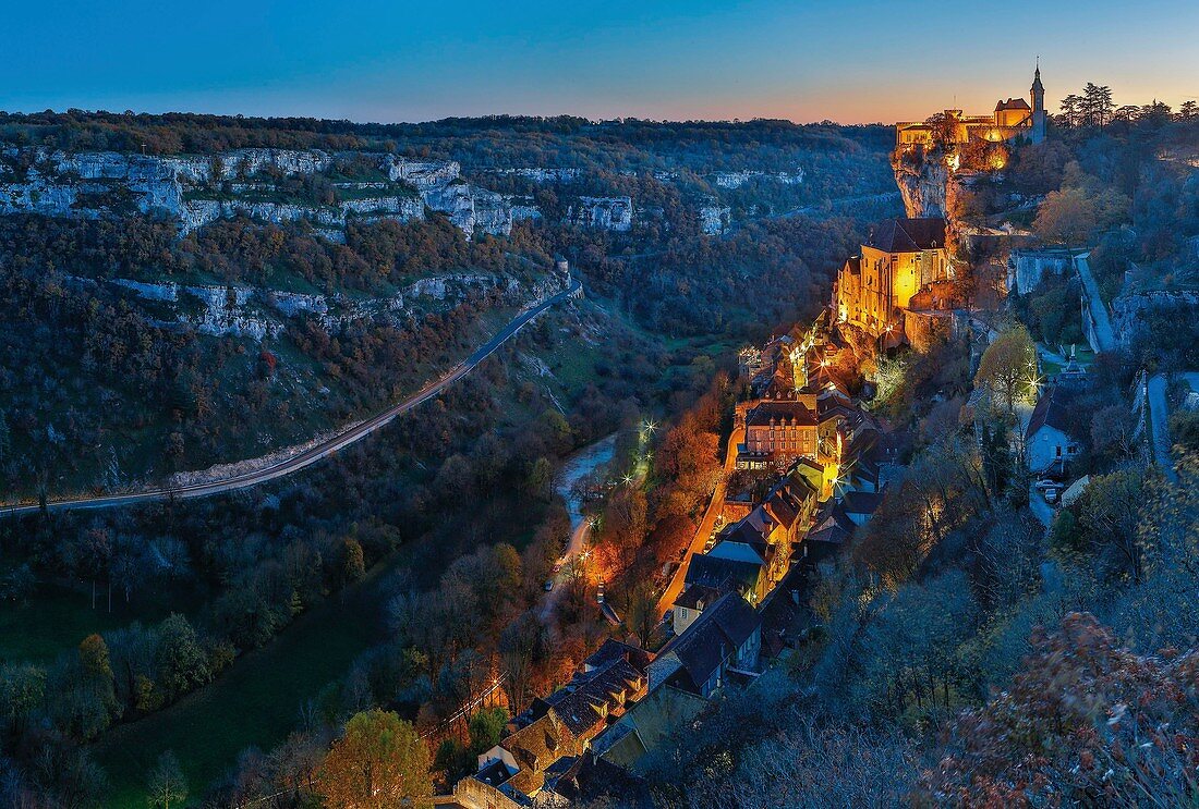 France, Lot, listed at Great Tourist Sites in Midi Pyrenees, Rocamadour, Natural regional park Causses du Quercy, listed as World Heritage by UNESCO, dusk on the sleepy village