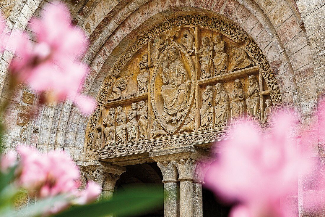 France, Lot, listed at Great Tourist Sites in Midi Pyrenees, Carennac, valley of the river Dordogne, listed as The most beautiful villages in France, Carennac, St Pierre, tympanum of the Romanesque church with Christ in Majesty