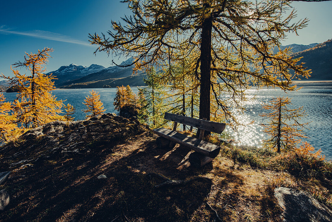 Silsersee bei Sonnenaufgang, Oberengadin, Sankt Moritz im Engadin, Schweiz, Europa