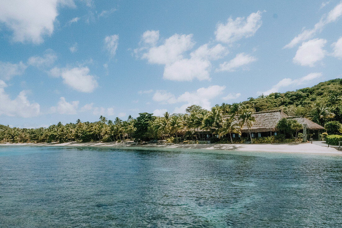 View from the sea to the luxury resort, Kokomo Private Island, Fiji Islands, Oceania