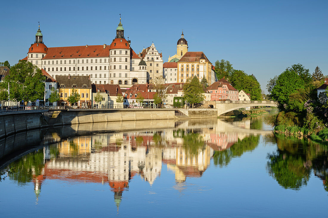 Neuburg Castle reflected in the Danube, Neuburg an der Donau, Danube Cycle Path, Upper Bavaria, Bavaria, Germany