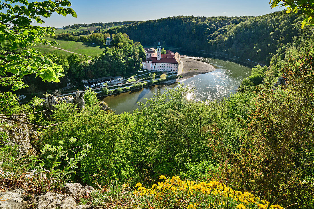 Deep view of Weltenburg Abbey and Danube, Weltenburg Abbey, Danube Cycle Path, Kelheim, Lower Bavaria, Bavaria, Germany