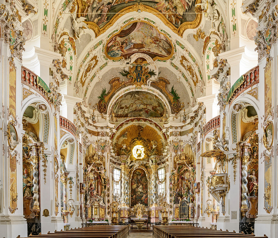 Altar and vaulted ceiling of the Asambasilika in Osterhofen, Osterhofen, Danube Cycle Path, Lower Bavaria, Bavaria, Germany
