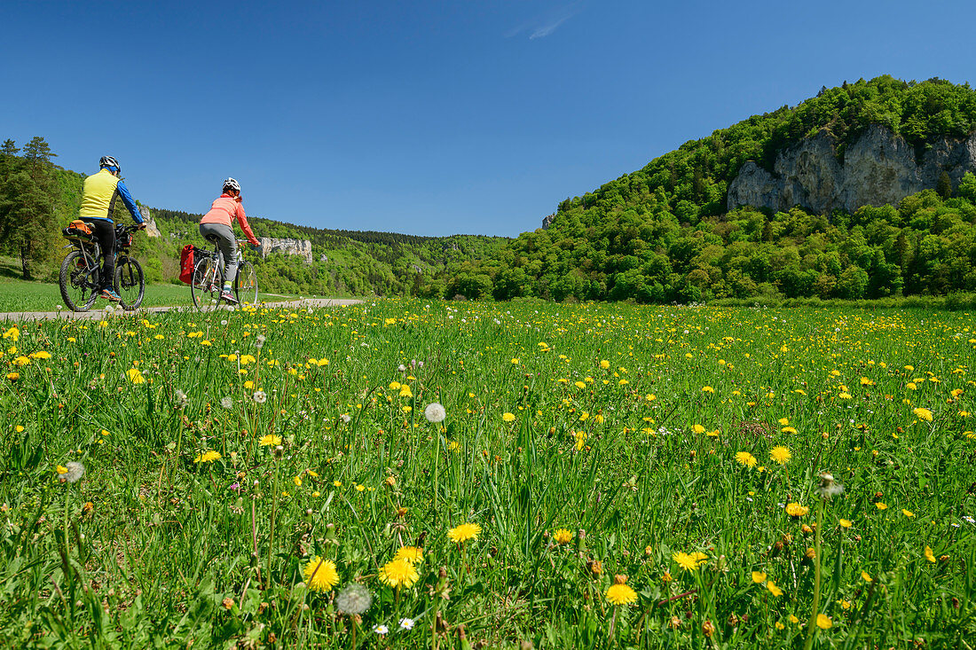 Man and woman ride a bike through the Danube Valley, Danube Valley, Danube Cycle Path, Baden-Württemberg, Germany