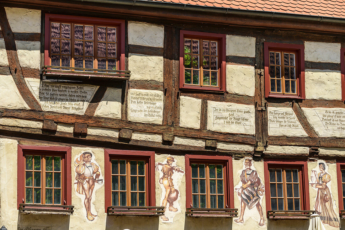 Half-timbered house with figures as a wall painting, Friedingen an der Donau, Danube Valley, Danube Cycle Path, Baden-Württemberg, Germany