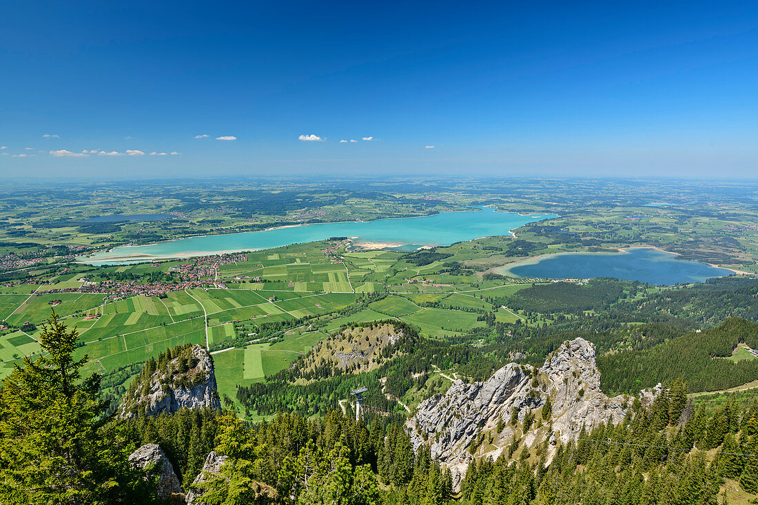 Deep view of Forggensee and Bannwaldsee, Tegelberg, Ammergau Alps, Swabia, Bavaria, Germany