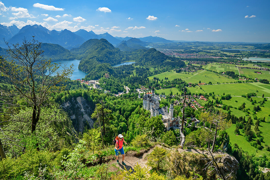 Frau beim Wandern steigt zum Tegelberg auf, Tannheimer Berge, Alpsee und Schloss Neuschwanstein im Hintergrund, Tegelberg, Ammergauer Alpen, Schwaben, Bayern, Deutschland