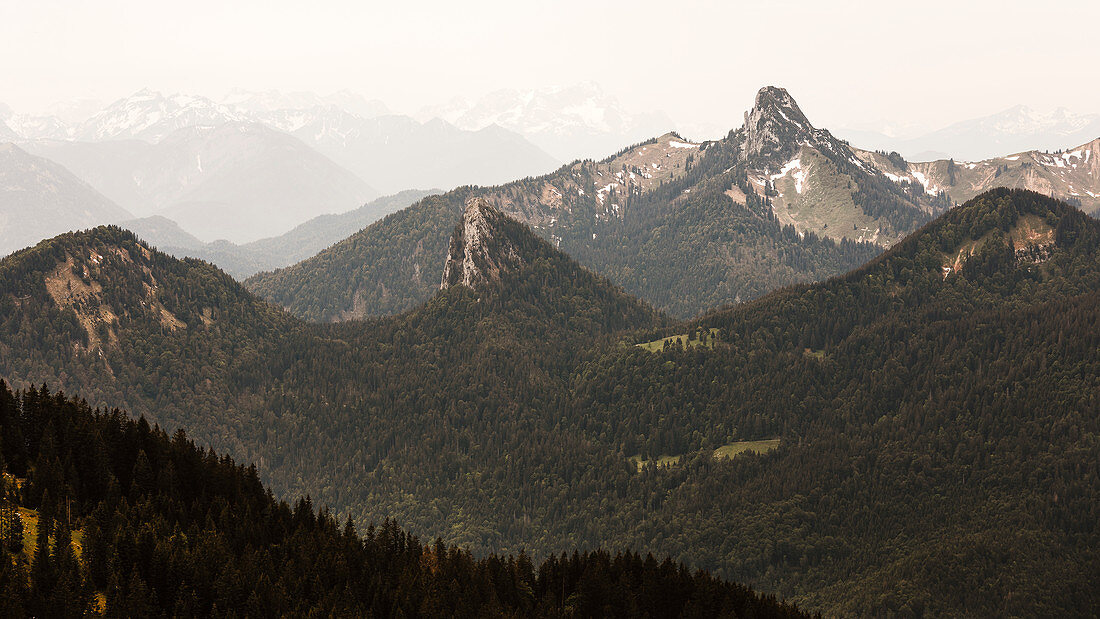 View from Wallberg to the Bavarian Prealps with striking Roßstein / Buchstein, Tegernsee, Bavaria, Germany