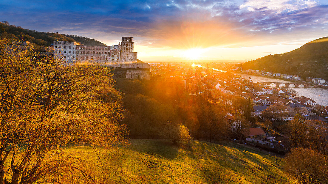 Schloss Heidelberg mit Altstadt, Blick von der Scheffelterrasse, Heidelberg, Baden-Würtemberg, Deutschland