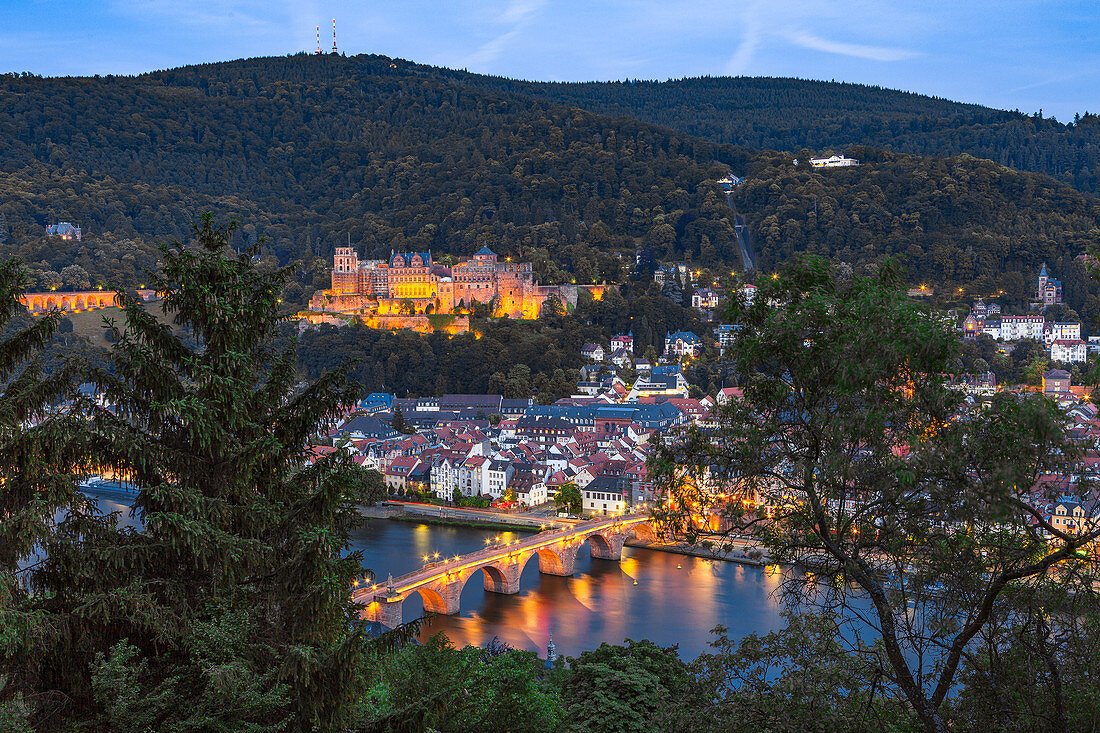 Schloss Heidelberg mit Altstadt, Blick vom Philosophenweg, Heidelberg, Baden-Würtemberg, Deutschland