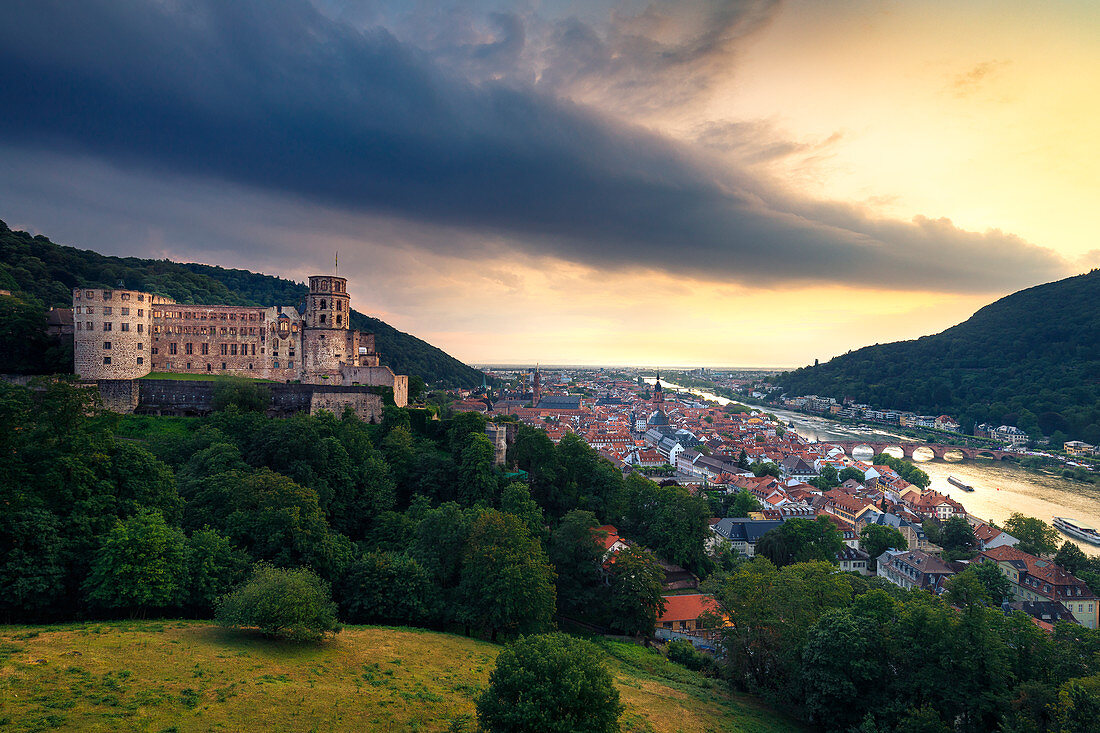 Heidelberg Castle with old town, view from Scheffelterrasse, Heidelberg, Baden-Würtemberg, Germany