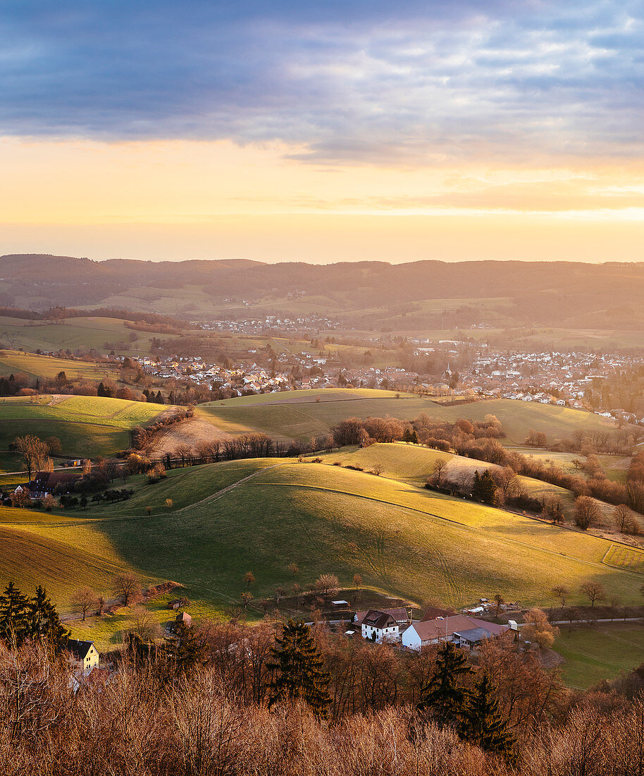 Messbach im Odenwald at sunrise, Odenwald, Hesse, Germany