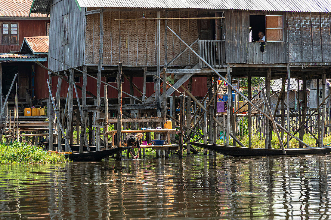 Boat trip through floating village on Inle Lake, Heho, Myanmar