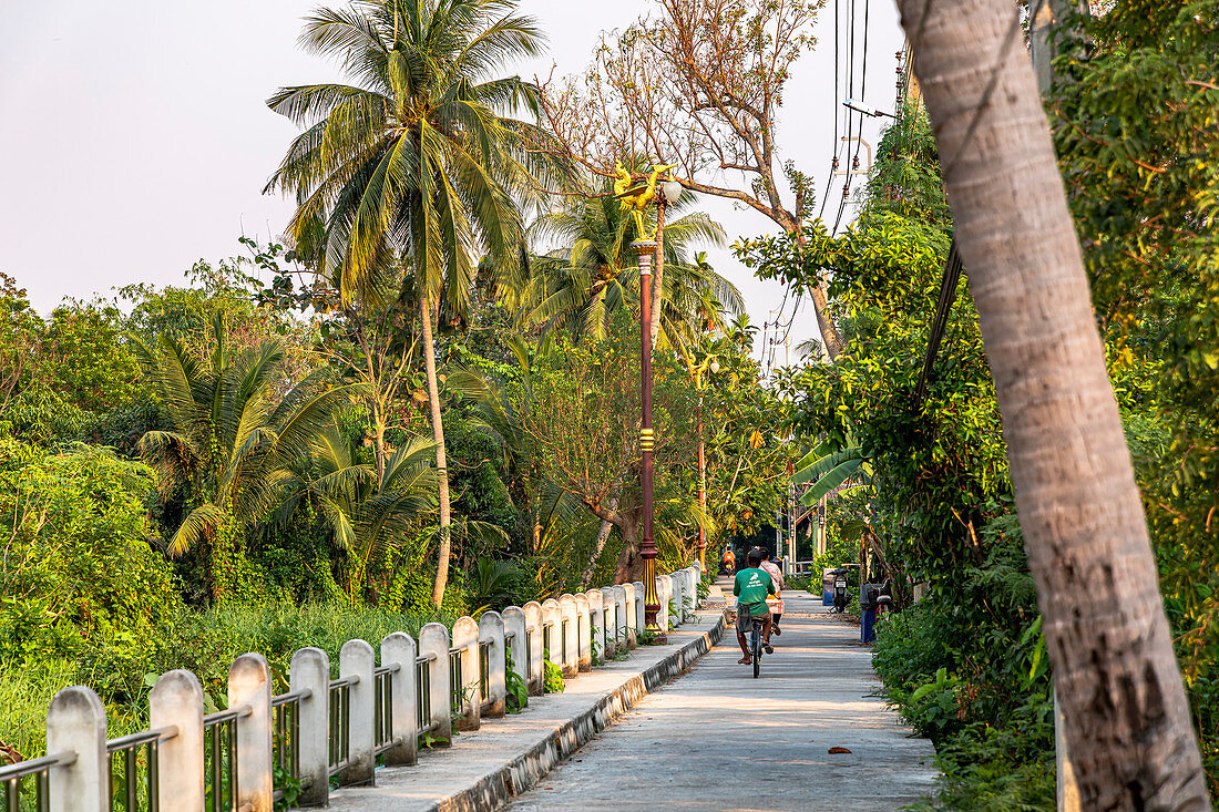 Fahrradfahrer auf idyllischem Weg durch die Natur von Koh Kret, Bangkok, Thailand