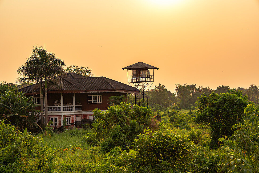 View of house in nature at sunset on Koh Kret, Bangkok, Thailand