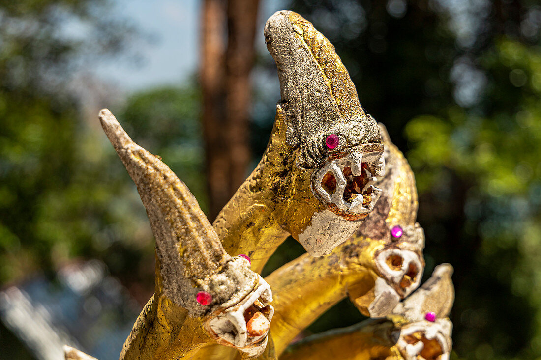 Schlangenköpfe über goldener Buddha Statue am Tempel Wat Koh Phayam, Koh Phayam, Thailand