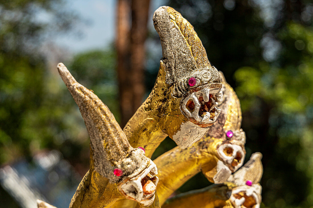 Snake heads over golden Buddha statue at Wat Koh Phayam temple, Koh Phayam. Thailand