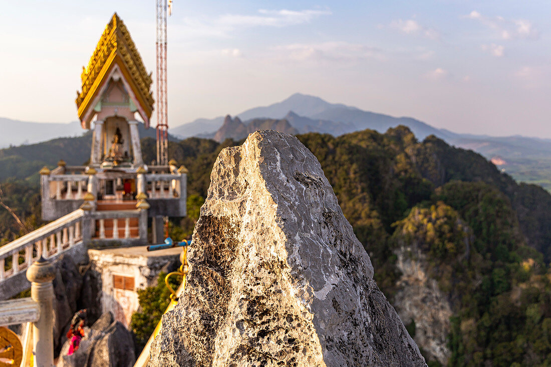 Plateau of Tiger Cave Mountain, Tiger Cave Temple (Wat Tham Sua) in the evening light, Krabi Town, Thailand