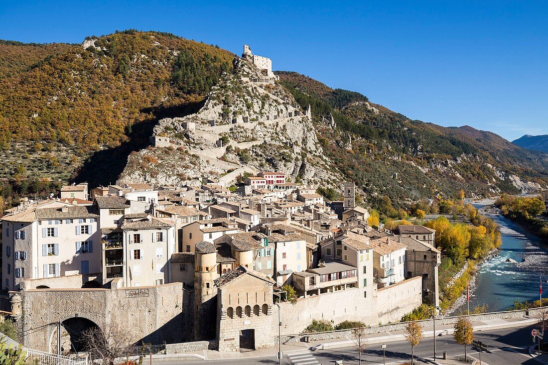 France, Alpes de Haute Provence, Entrevaux classified village and city of character, strengthened by Vauban, the city, the cathedral, and access path to the strengthened citadel